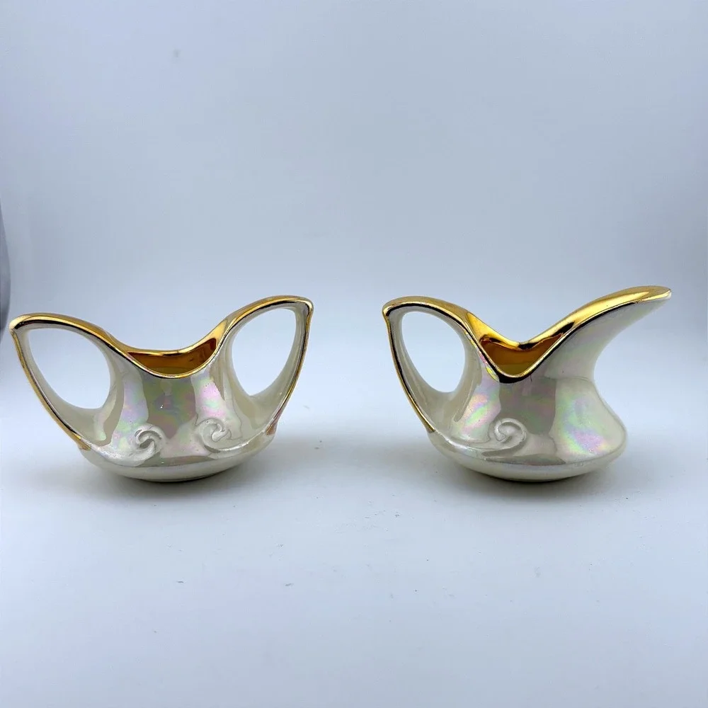 Pearl China Co Vintage Iridescent Lusterware 22KT Gold Creamer Sugar Bowl Set
